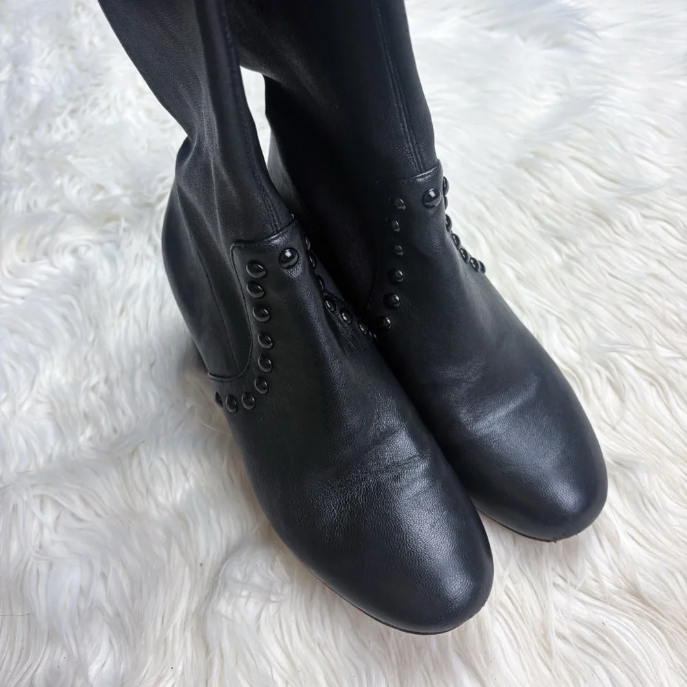 Coach Britney Leather Knee High Tall Studded Sock Boot Heeled Black Size 6